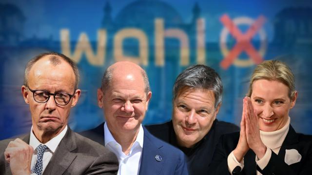 FOTOMONTAGE der vier Kanzlerkandidaten 2025: Friedrich Merz (CDU), Olaf Scholz (SPD), Robert Habeck (Buendnis90/Die Gruenen) und Alice Weidel (AfD,v.l.n.r.)